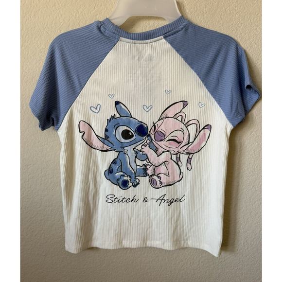 Disney Stitch Angel Embroidered Raglan Short Sleeve T Shirt Top Size M 10/12 - Picture 3 of 4
